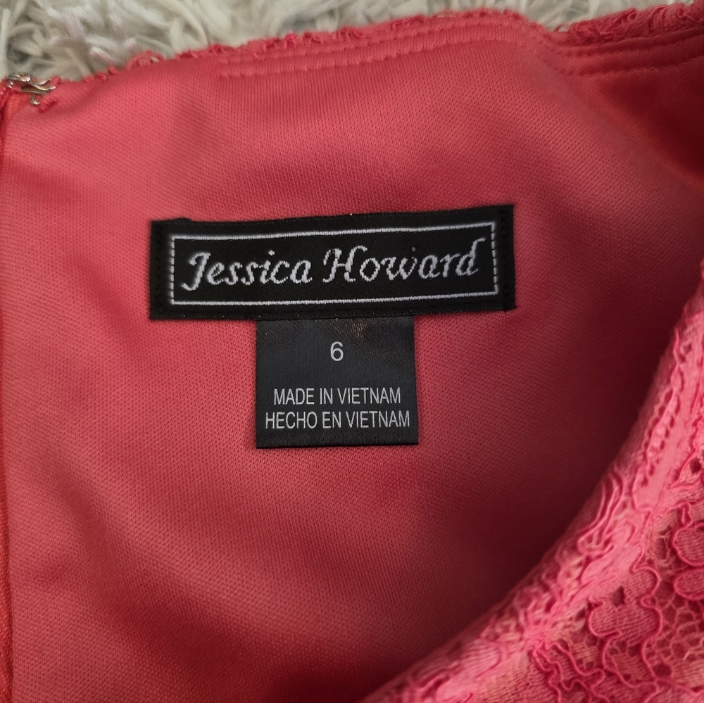 Jessica Howard 3/4 Sleeve Lined Lace Dress Coral Women’s Size 6 - Picture 3 of 5